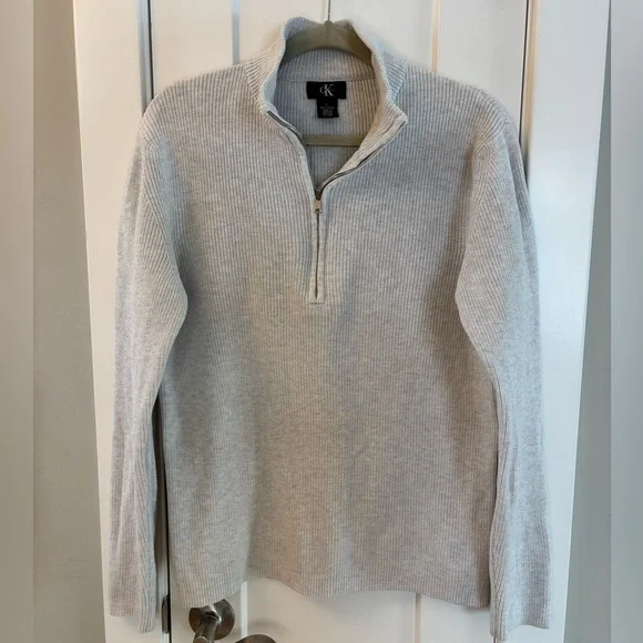 Light Grey Men’s 90s Quarter Zip Sweater 100% Cotton Sz Large, slim fit - Picture 4 of 8